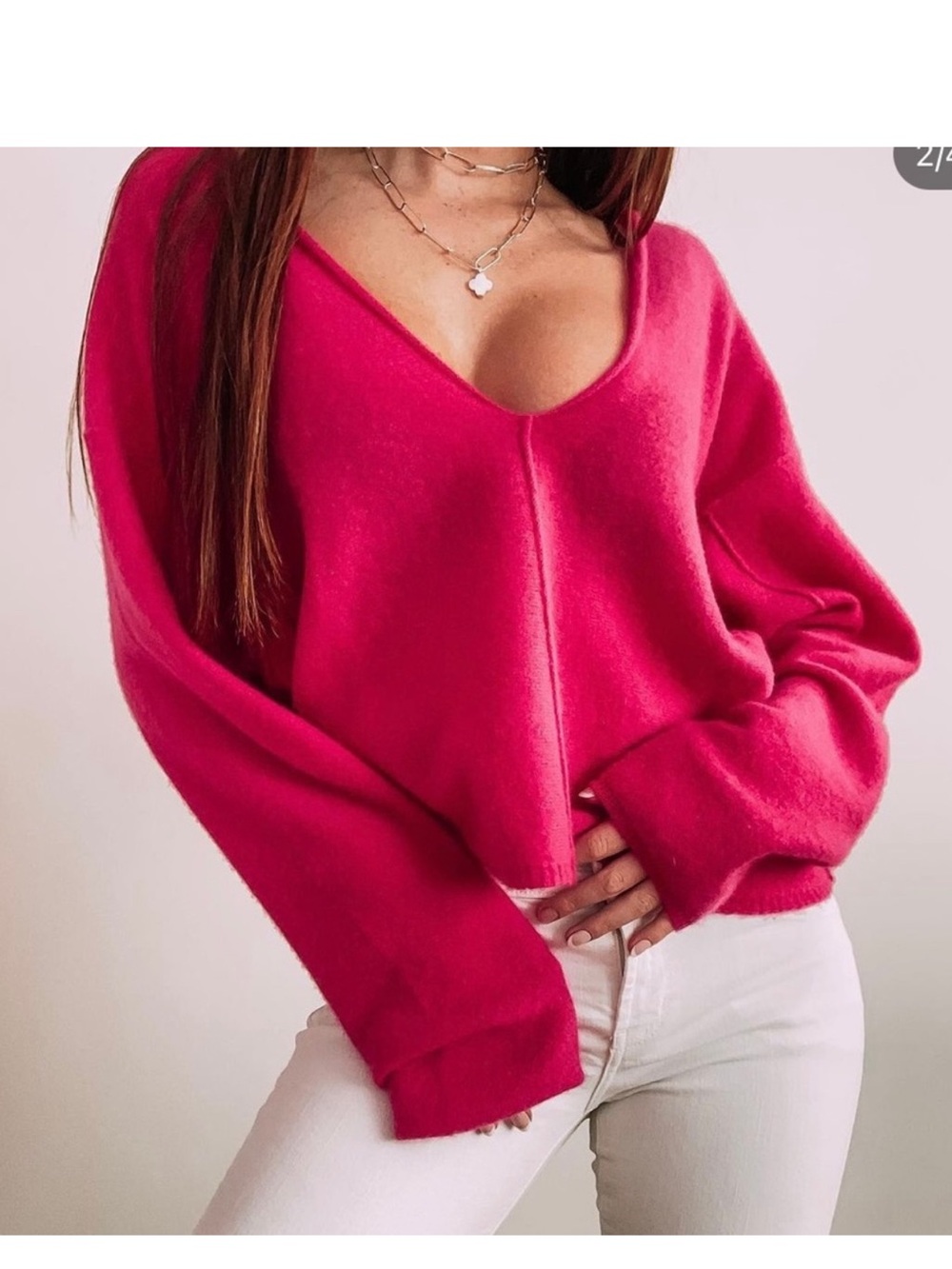 Free People Solitaire 100% Cashmere V-Neck Sweater in Raspberry Hot Pink Small